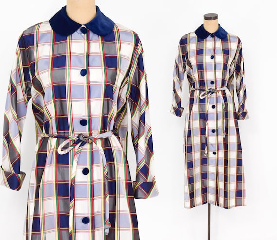 1950s Navy Plaid Taffeta Housedress | 50s Blue & W