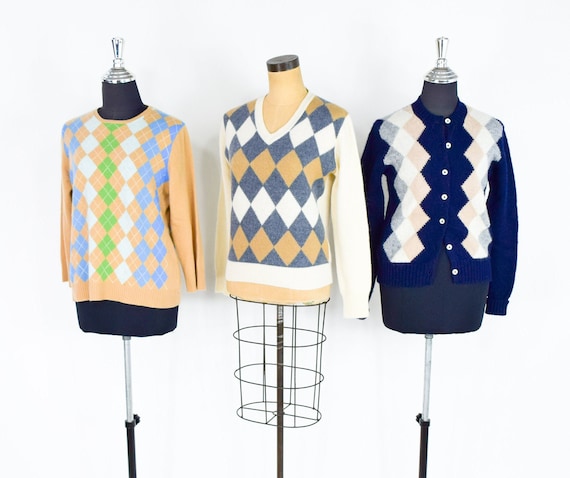 1960s Fall Argyle Sweaters | 60s Navy Argyle Cardi