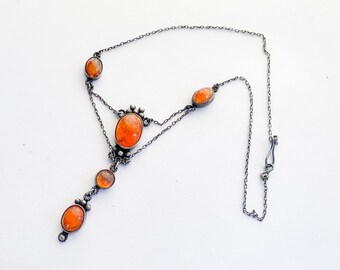 1920s Silver Glass Pendant Necklace | 20s Silver & Orange Glass Pendant Necklace