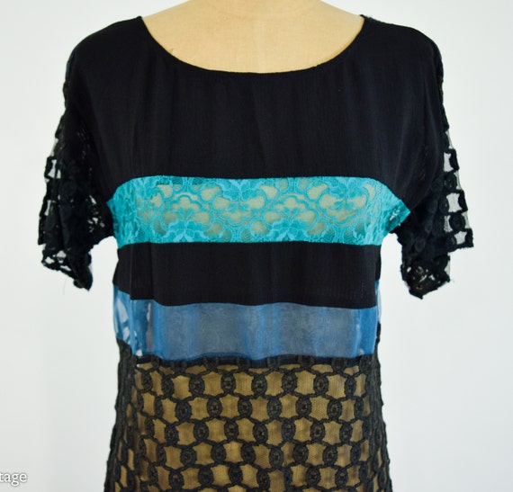 1990s Black & Blue Lace Dress | 90s Black Striped… - image 8