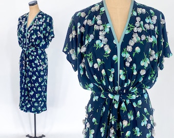 1930s Navy Floral Sequin Dress | 30s Navy Beaded Flowers Dress | 40s Navy Flowered Day Dress | Large