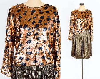 1980s Leopard Sequin Sweater & Gold Metallic Skirt Set | 80s Black Bubble Skirt and Bronze Animal Print Top | Medium