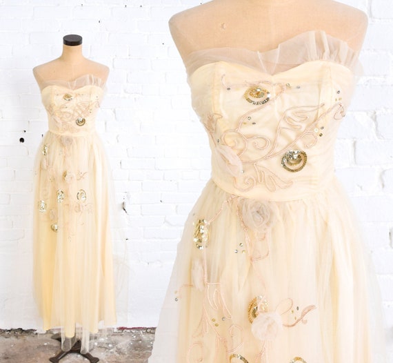 1940s Gold Strapless Evening Dress | 40s Champagne
