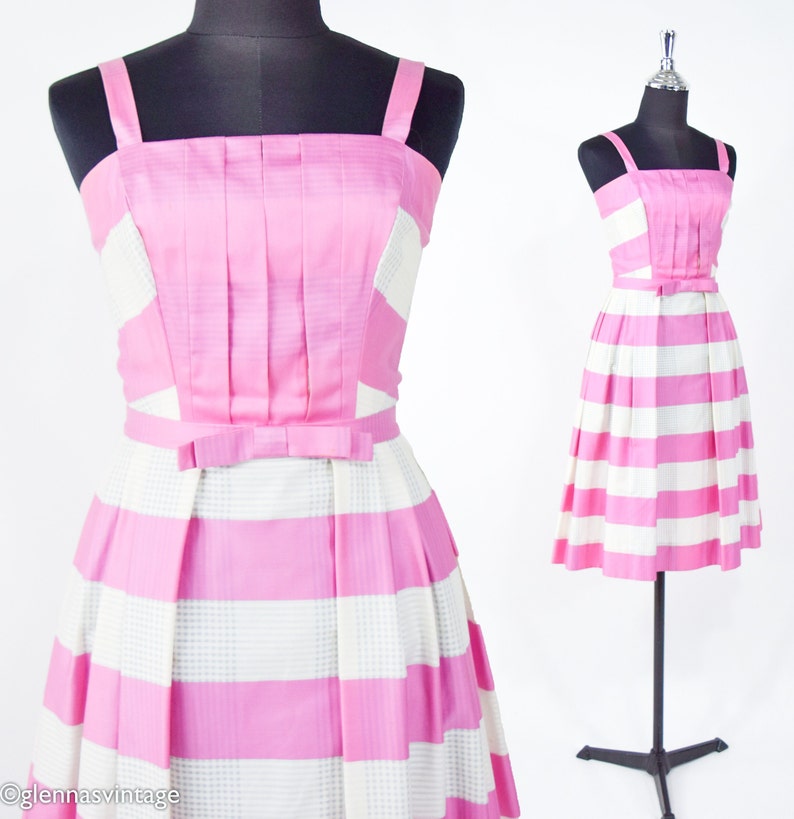 1950s Pink Stripe Cotton Dress 50s Pink Sun Dress Barbie Pink Dress Pat Primo XS image 2