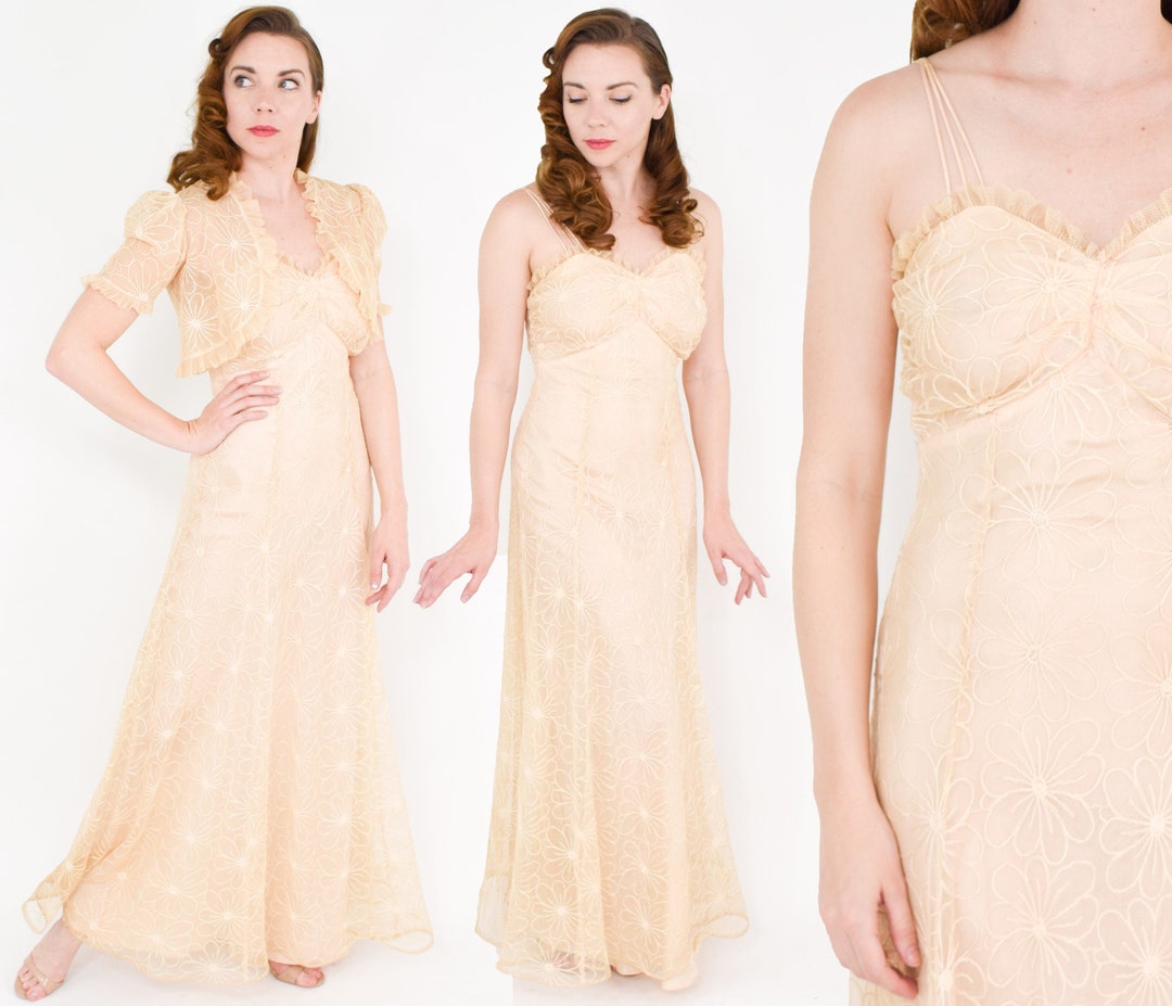 Robe et boléro en dentelle beige années 30 Robe de soirée beige