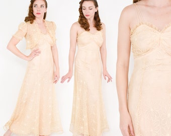 1930s Beige Lace Dress & Bolero | 30s Beige Tambour Lace Evening Dress | Wedding | Small