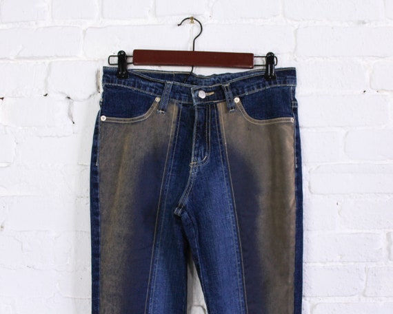 1990s Blue Denim Jeans | 90s Blue & Beige Sueded … - image 3