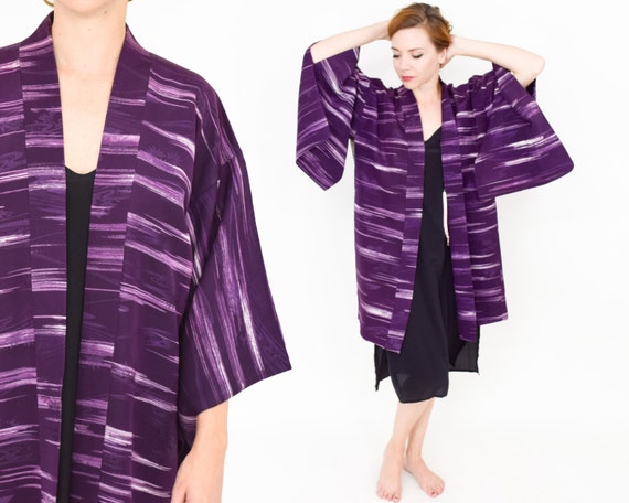 1950s Purple Silk Haori  | 50s Dark Purple Stripe… - image 1