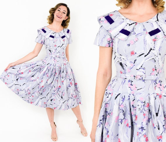 1950s Lavender Cotton Print Dress | 50s Purple No… - image 1