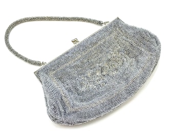 1950s Silver Beaded Handbag | 50s Silver Evening Bag