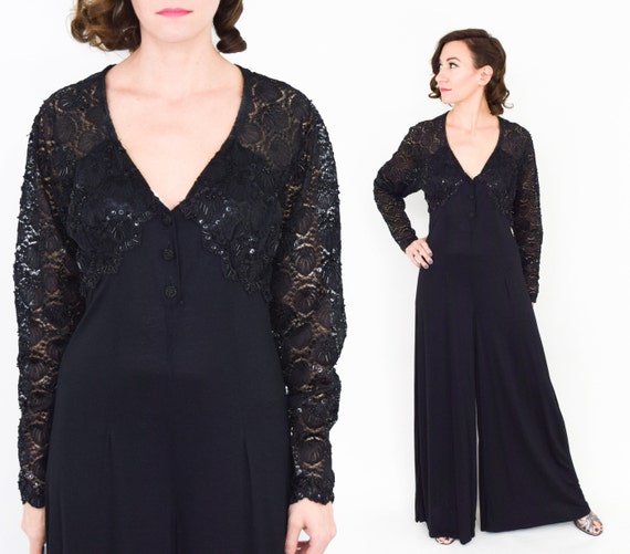 1980s Black Lace Jumpsuit | 80s Black Palazzo Jum… - image 2