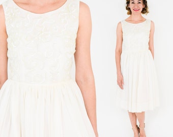 1950s White Chiffon Party Dress | 50s White & Sequin Chiffon Dress | Wedding Dress | Small