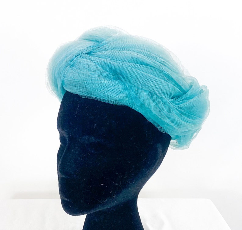 1960s Blue Tulle Hat Turquoise Blue Tulle Netting Hat Lonette image 8