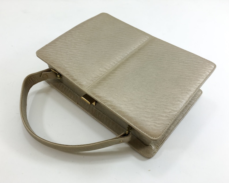 1960s Beige Leather Handbag 60s Tan Leather Box Handbag Andrew Geller image 1