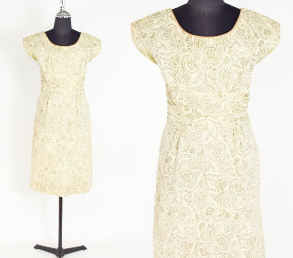 1950s Creme Cotton Print Dress | 50s Creme & Gold… - image 1