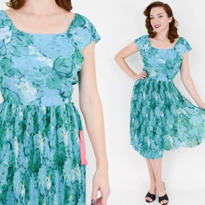 1950s Blue Silk Chiffon Floral Dress 50s Turquoise Blue Flowered Party Dress Marjorie Montgomery NWT Medium image 1