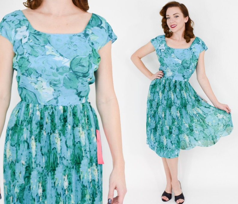 1950s Blue Silk Chiffon Floral Dress 50s Turquoise Blue Flowered Party Dress Marjorie Montgomery NWT Medium image 1