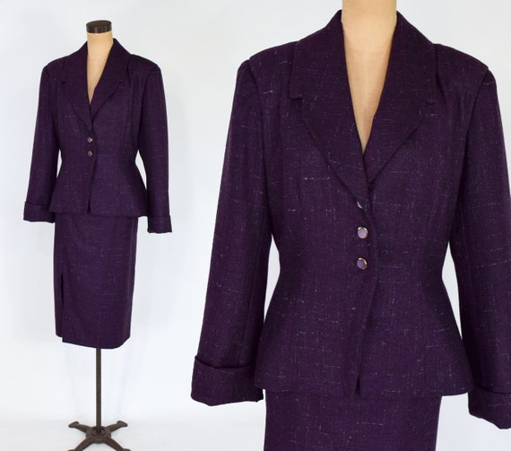 1980s Purple Wool Suit | 80s Eggplant Wool Tweed … - image 1