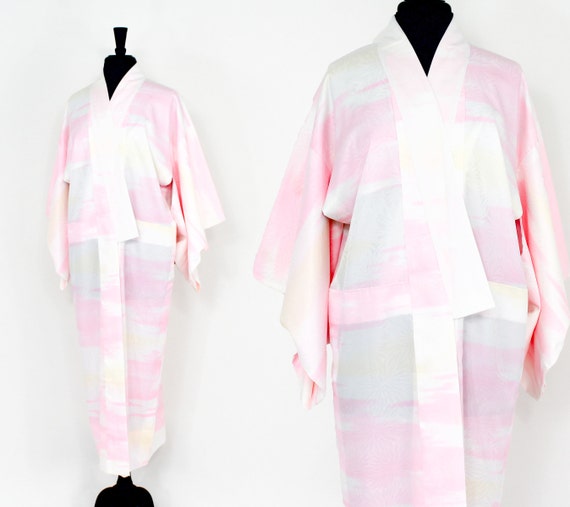 1960s Pink & White Print Kimono | 60s Pink Summer… - image 2