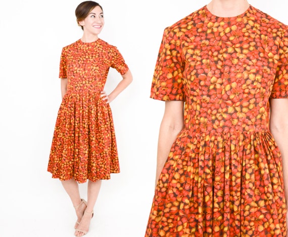1950s Orange Floral Dress | 50s Orange Cotton Prin