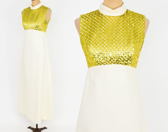 1960s White Sequin Maxi Dress | 60s Gold Sequin To