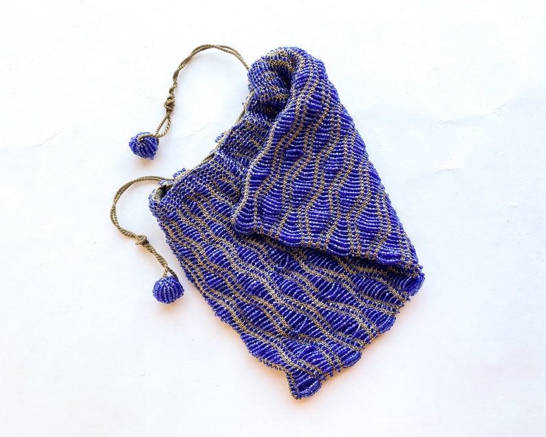 1900s Blue Beaded Evening Bag Royal Blue Glass Bead Purse image 7