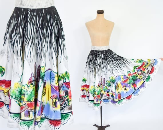 1950s Mexico Sequin Circle Skirt | 50s Hand Painte