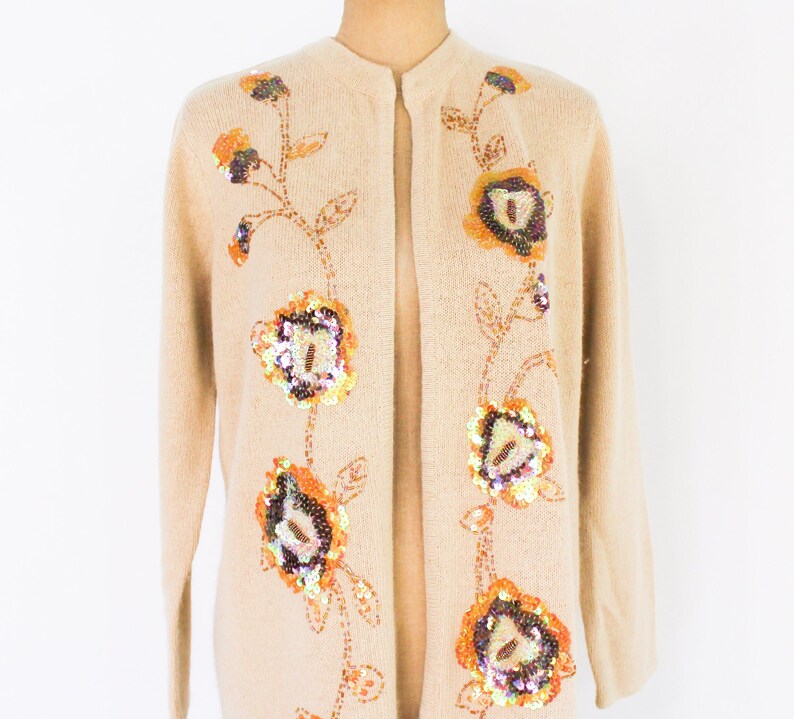 1980s Beige Sweater Knit Cardigan 80s Beige & Gold Sequin Sweater Coat Victor Costa Occasion Large image 7
