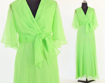 1960s Green Silk Chiffon Maxi Dress | 60s Lime Green Evening Dress | Miss Elliette | Small