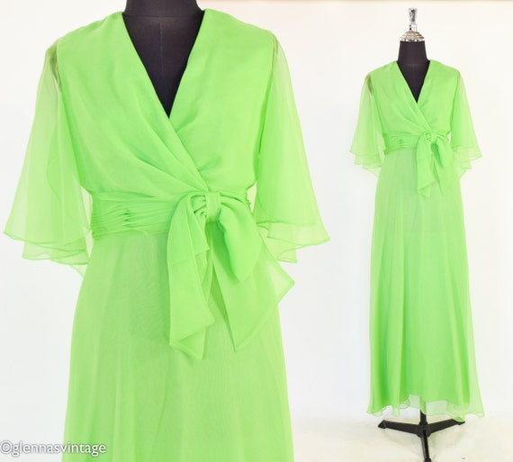 1960s Green Silk Chiffon Maxi Dress | 60s Lime Gr… - image 1