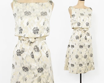 1950s Creme Brocade Cocktail  Dress | 50s Beige Brocade Sheath Dress | Suzy Peretti | Small