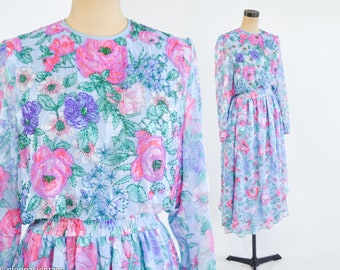 1980er Jahre Diane Freis Blumenkleid | Vintage Blaue Perlen Blumen Kleid, Groß