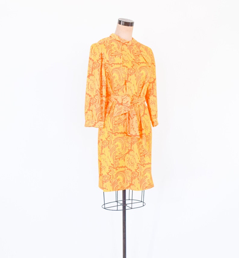 1960s Orange Yellow Print Dress 60s Yellow & Orange Nylon Print Shift Twiggy Medium image 3