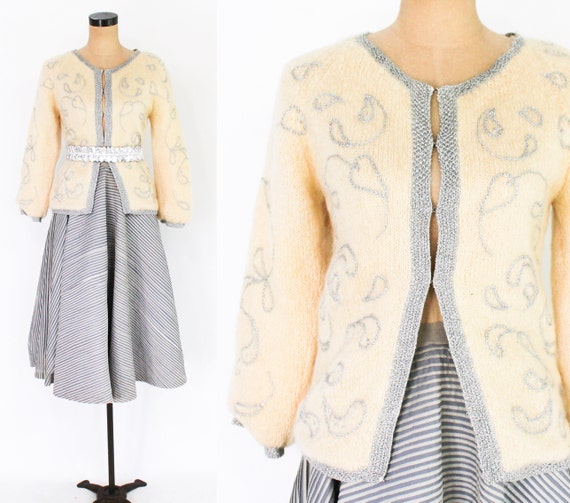 1960s Beige Mohair Cardigan | 60s Mohair Wool Car… - image 1