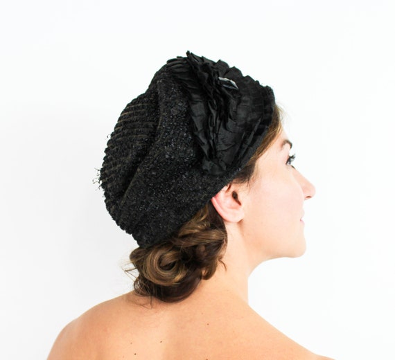 1920s Black Cloche Hat | 20s Black Pleated Ribbon