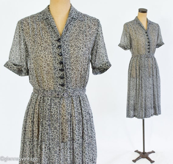 1950s Black White Print Nylon Dress | 50s Black &… - image 1