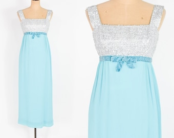 1960s Turquoise & Silver Maxi Dress | Vintage Blue Sleeveless Evening Gown, X Small