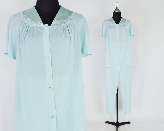 1950s Blue Nylon Pajama Set | 50s Light Green Paja