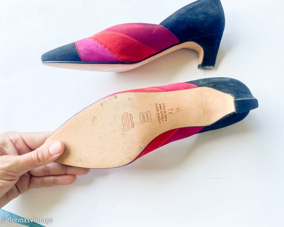 1980s Red Suede Colorful Pumps | 80s Hot Pink & R… - image 9