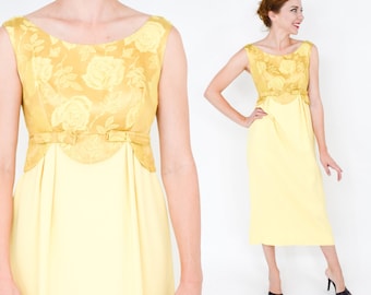 1950s Yellow Crepe Evening Dress | 50s Lemon Yellow & Brocade Party Dress | Small