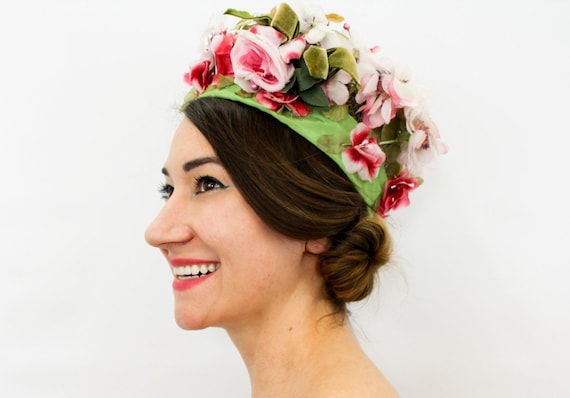 1960s Pink Flower Hat | 60s Green & Pink Flowered