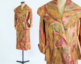 1950s Brown Watercolor Print Jacket Skirt Set | Vintage Floral Suit | Bel Robe Model, Large