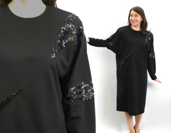 1980s Black Sweater Knit Dress | 80s Black Oversiz
