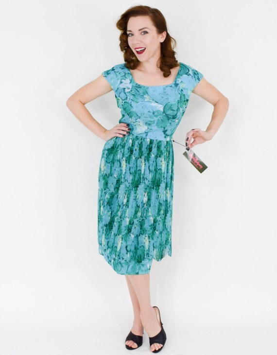 1950s Blue Silk Chiffon Floral Dress | 50s Turquo… - image 5