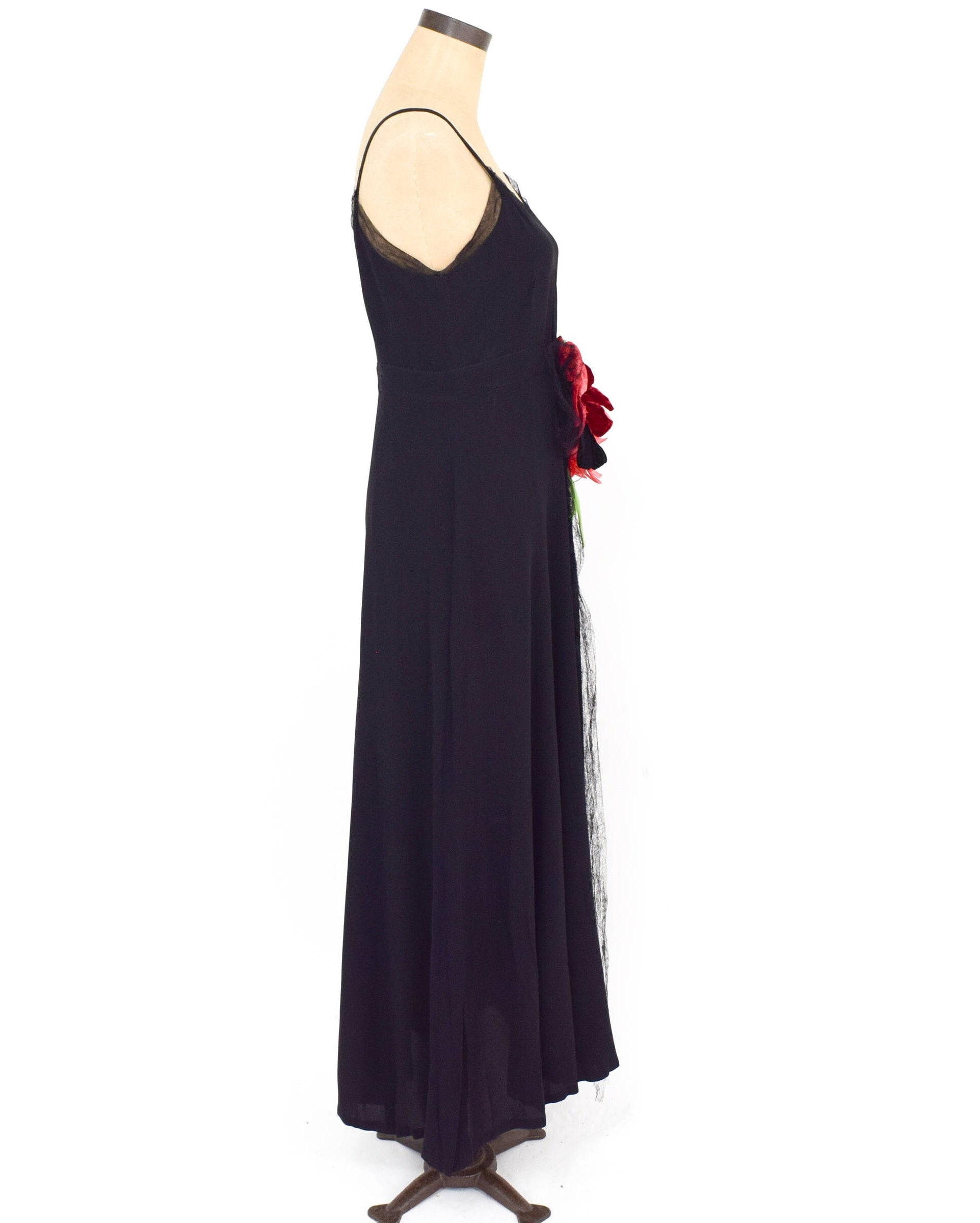 1930s Black Silk Crepe Evening Dress | Red Velvet Flower, Medium - Etsy