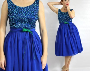 1950s Royal Blue Party Dress | 50s Blue Chiffon & Sequin Cocktail Dress | Small