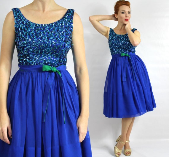 1950s Royal Blue Party Dress | 50s Blue Chiffon &… - image 3