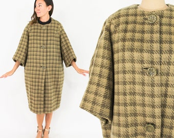 1960s Gold & Olive Green Plaid Coat | 60s Olive Plaid Wool Coat | Leon Cutler NY | X Large