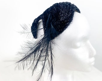 1950s Black Feather Fascinator | 50s Black Feather Hat | Replica de Parisienne