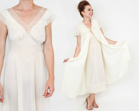 1950s Creme Peignoir Set | 50s Creme Nylon Lingeri